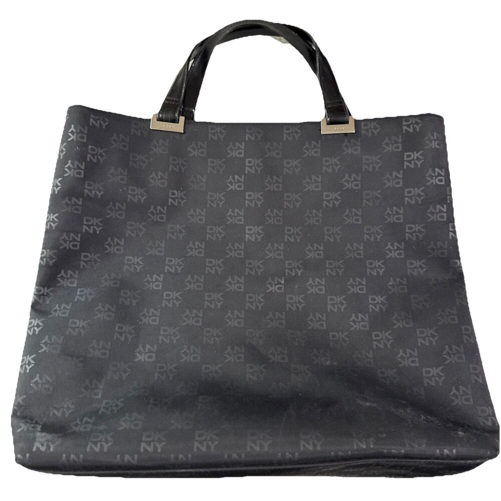 DKNY Women's Handbag Purse Tote Satchel Large Black Logo Silver Accent EUC